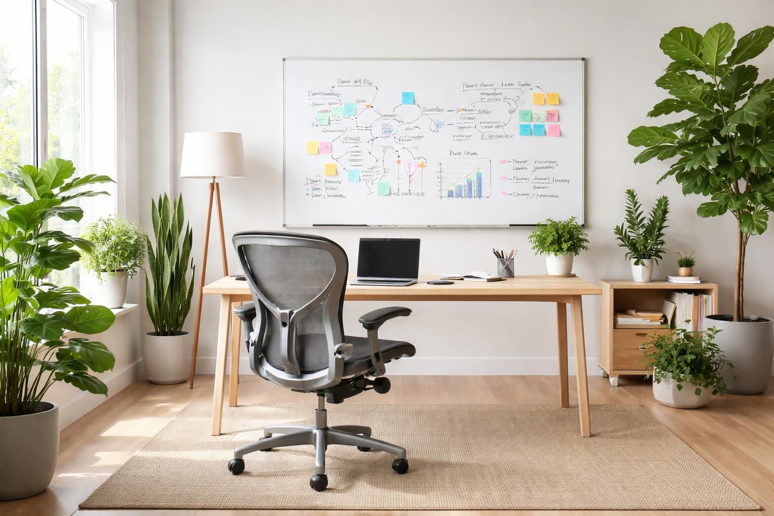 aménagez un bureau inspirant avec un tableau blanc velleda et un fauteuil herman miller pour allier créativité et confort au quotidien.